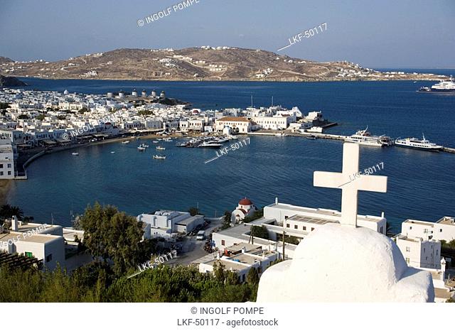 Aerial view of the harbour and the town, Mykonos-Town, Mykonos, Greece