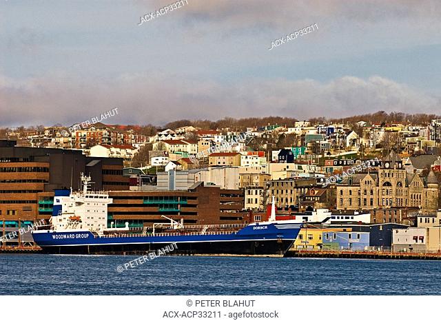 Ocean Freighter sits in St. John's Harbour, St. John's, Newfoundland and Labrador, Canada