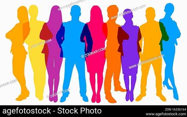 Bunte einfarbige Silhouetten vieler verschiedener Menschen als Bevölkerung und Teamwork Konzept