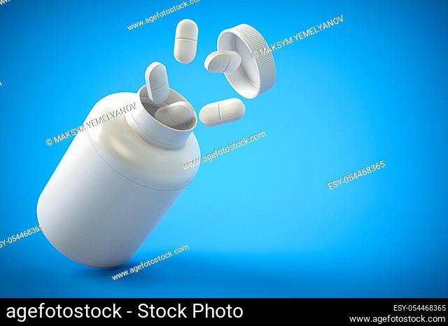Pills and pill bottle on yblue background with copy space. Prescription drugs. 3d ilustration