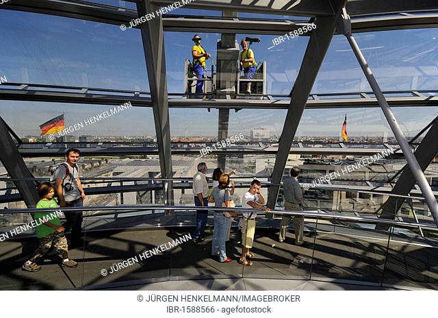 Reichstag dome, window cleaners and tourists, architecture by Sir Norman Foster, Reichstag building, seat of the German parliament, Berlin Mitte, Germany