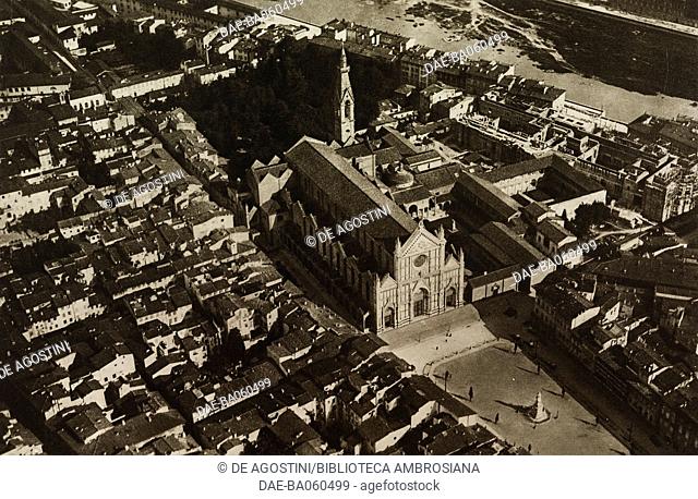 Aerial view of the Basilica of Santa Croce, Florence, Tuscany, Italy, from L'Illustrazione Italiana, Year LIV, No 16, April 17, 1927