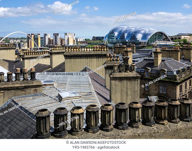 View of The Sage Gateshead building over old chimneys from The Tyne Bridge In Newcastle Upon Tyne, England, United, Kingdom