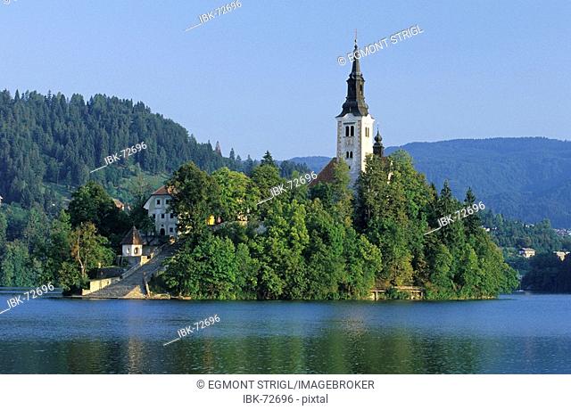 Pilgrimage island with church in the lake of Bled, Gorenjska region, Slovenia