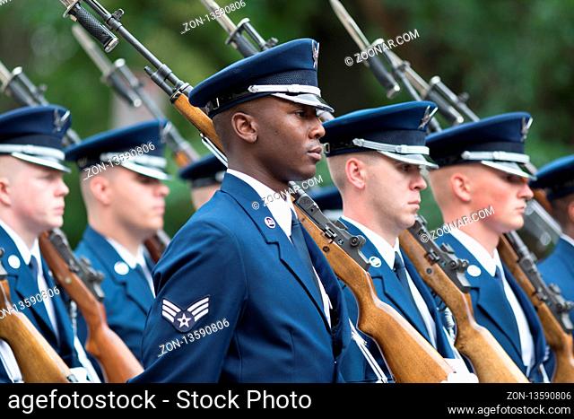 Washington, D.C., USA - May 28, 2018: The National Memorial Day Parade, Members of the United States Air Force, with Rifles, marching down Constitution Avenue