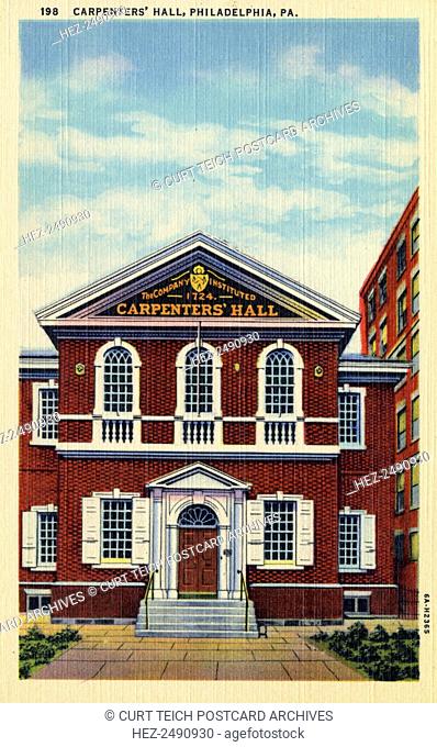 Carpenters' Hall, Philadelphia, Pennsylvania, USA, 1936. Vintage linen postcard showing the exterior of Carpenter's Hall, a red brick Georgian style building