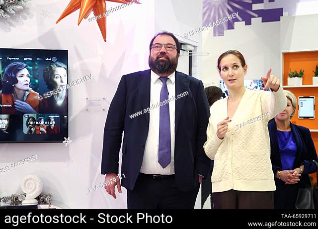 RUSSIA, MOSCOW - DECEMBER 20, 2023: Russia's Digital Development, Communications and Mass Media Minister Maksut Shadayev visits a stand of the Russian Ministry...