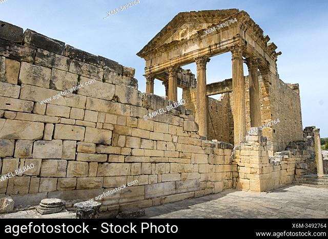 The Capitol. Dougga Roman city ruins. Tunisia