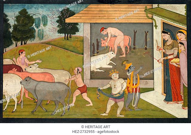 Krishna and Lakshmana Taking the Cattle Out to Graze, page from the Bhagavata Purana, c. 1780-1790. Creator: Unknown