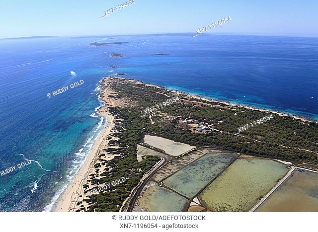 Punta de ses Portes, Caragoler island the closest biggest, Mitjorn beach on the left, Es Cavallet beach on top, Ses Salines, Ibiza, Balearic Islands, Spain