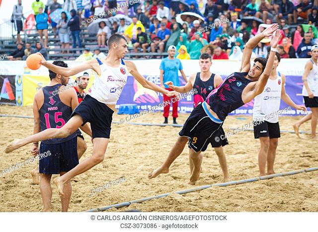 Unidentified player launches to goal in the Spain handball Championship celebrated in Laredo in July 31, 2016 in Laredo, Spain