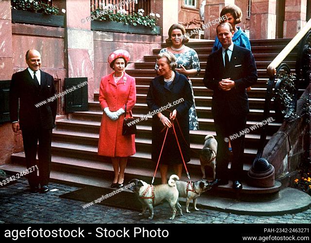 Britain's Queen Elizabeth II and her husband Prince Philip, The Duke of Edinburgh during a visit to Prince Ludwig of Hesse and his wife