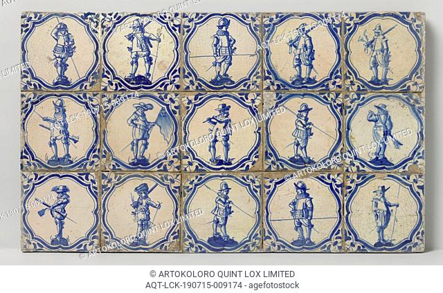 Field of fifteen tiles (3x5) with a blue painted warrior within a brace frame and in the corners a wing leaf, Tile field of fifteen tiles (3 x 5) with a blue...