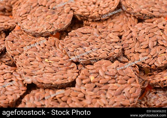 Close up of round organic flaxseed crackers