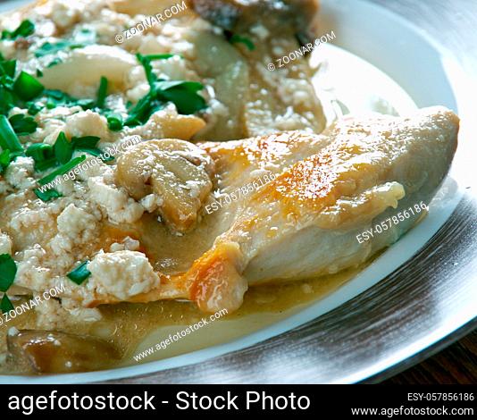 Scaloppine - Italian dish consisting of thinly sliced meat, most often veal, although chicken