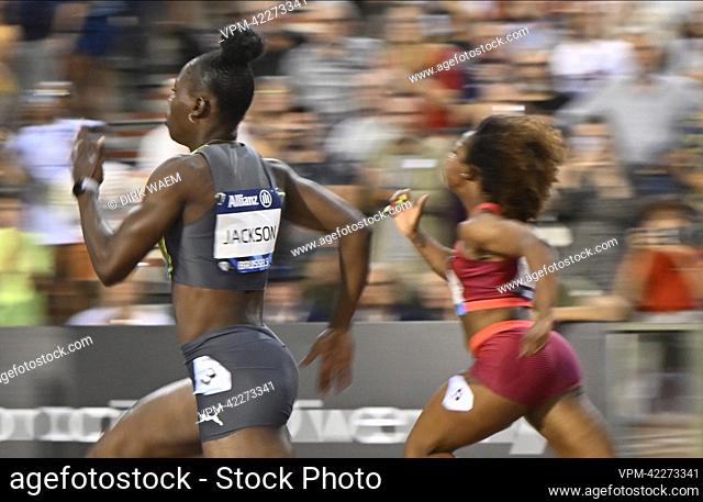 Jamaican Shericka Jackson and Jamaican Shelly-Ann Fraser-Pryce pictured in action during the women's 100m, at the 2022 edition of the Memorial Van Damme Diamond...