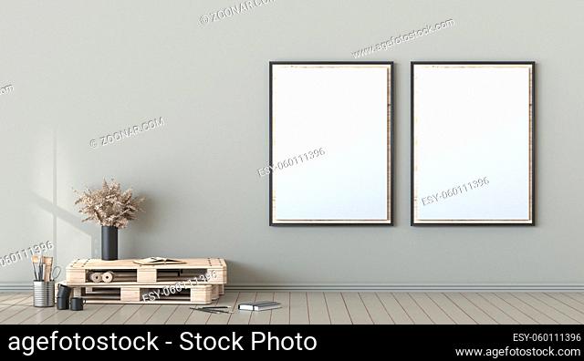 Mock up two blank picture frames with wooden pallets 3D render illustration