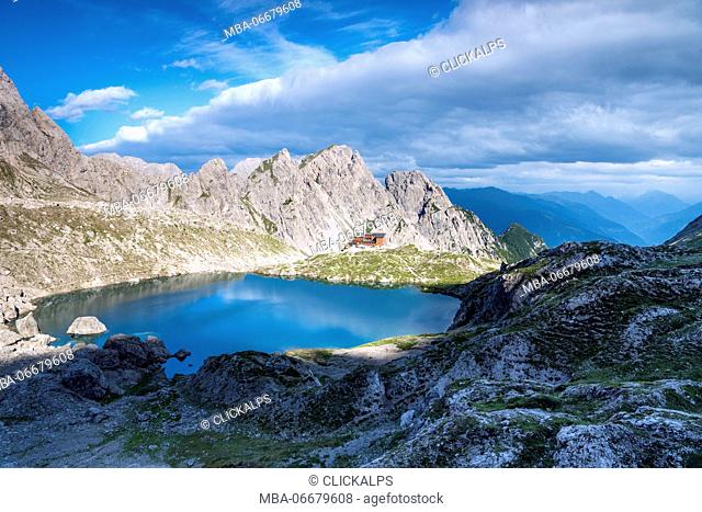 Lienz Dolomites, East Tyrol, Austria. The Karlsbader hut and the Lake Laserz