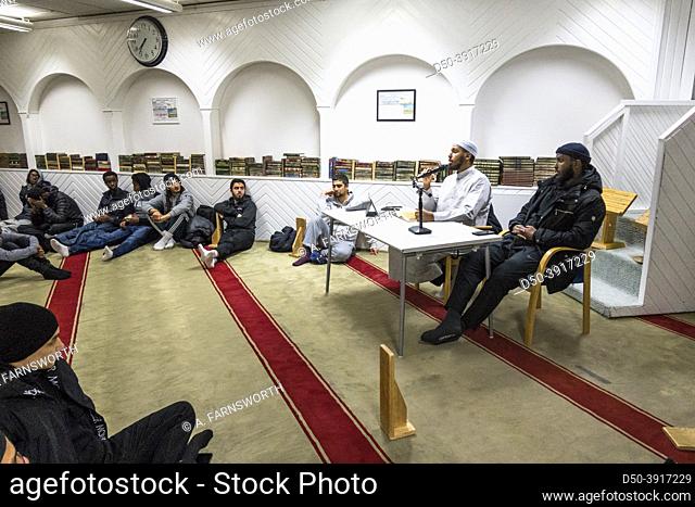 Stockholm, Sweden Community organizer Sadiq Yasin in the immigrant Rinkeby suburb or district during a Saturday Muslim sermon for youth