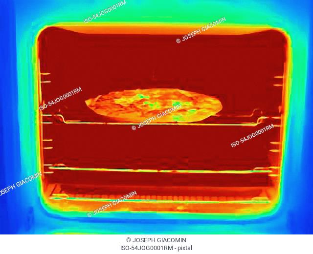 Thermal image of pizza in oven
