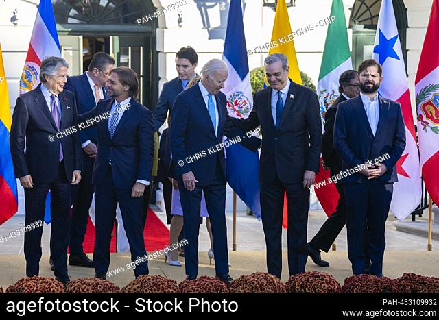 United States President Joe Biden, center, Luis Abinader, President of the Dominican Republic, second right, and President Gabriel Boric of Chile take their...
