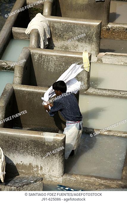 Dhobi Ghat, man doing the laundry. Bombay. Maharashtra, India