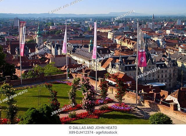 Austria, Styria, Graz, Old Town and Town Hall viewed from Schlossberg