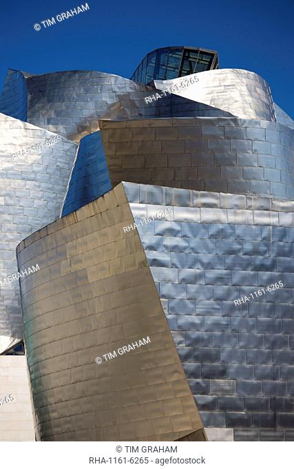 Architect Frank Gehry's Guggenheim Museum futuristic architectural design in titanium and glass at Bilbao, Basque country, Spain
