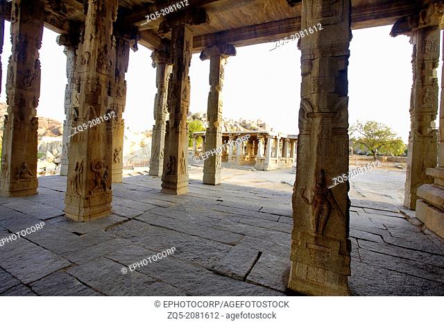 Pillars at the ganesha temple at Hampi world heritage site, Hampi, Karnataka, India