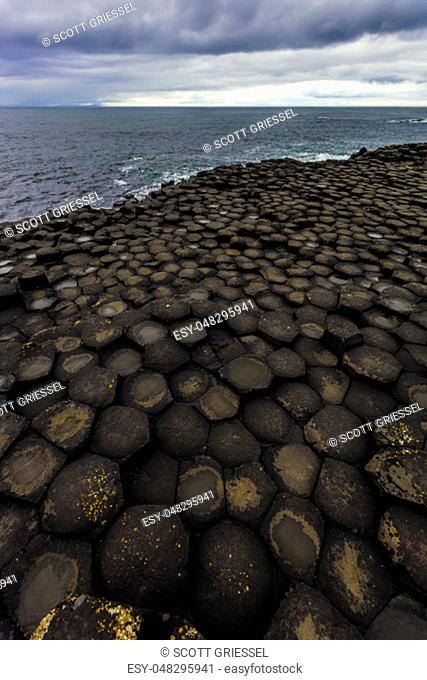 Hexagonal basalt structures at Giants Causeway on the Northern Ireland coast