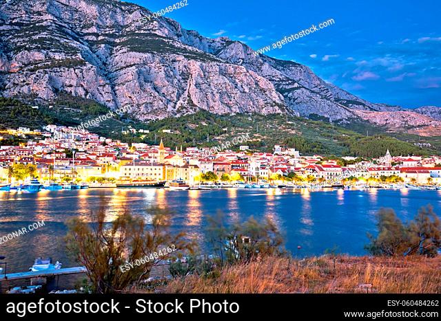 Town of Makarska and Biokovo mountain evening view, Dalmatia region of Croatia