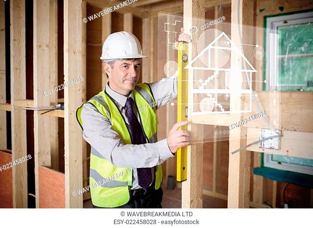 Architect using spirit level and looking at white hologram interface