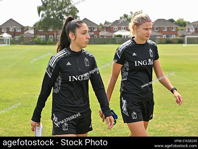 Belgium's Amber Tysiak and Belgium's Justine Vanhaevermaet pictured ahead of a training session of Belgium's national women's soccer team the Red Flames