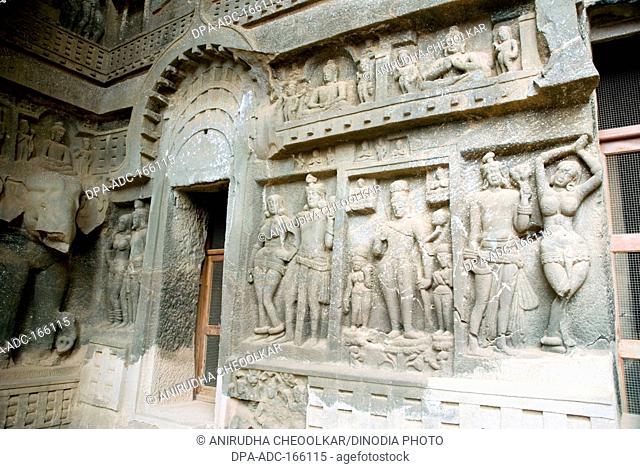 Stone carving dancing couples in Buddhist cave ; Malavali ; Karla ; Pune Poona ; Maharashtra ; India