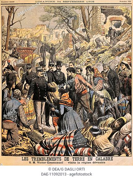 Earthquake in Calabria (Italy): King Vittorio Emanuele III visiting the disaster victims. From the Petit Journal, September, 1905