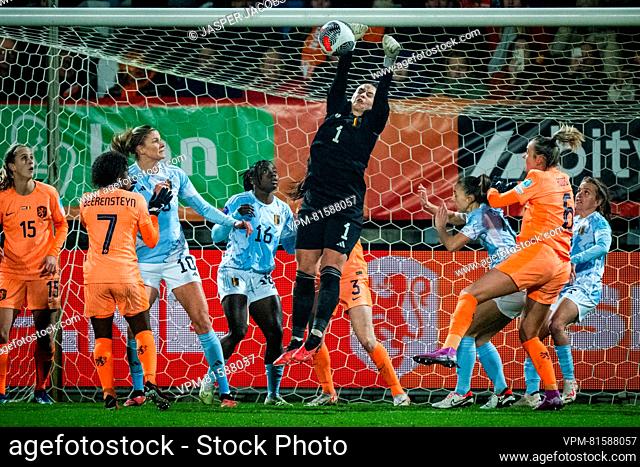 Belgium's goalkeeper Nicky Evrard pictured in action during a soccer match between Belgium's national women's team the Red Flames and the Netherlands