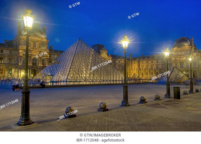 Louvre Pyramide at sunset, Paris, France, Europe