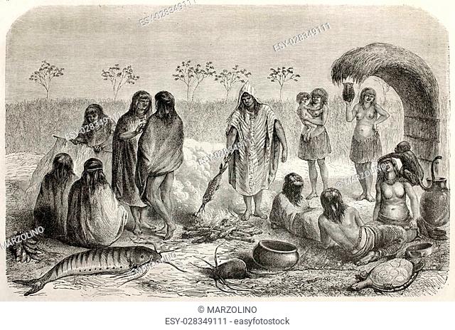 Old illustration of Chontaquiros Peruvian natives fishermen on the bank of Quillabamba river. Created by Riou, published on Le Tour du Monde, Paris, 1864