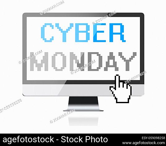 Cyber Monday - pixel text on computer screen, isolated on white background