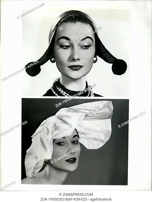 Feb. 02, 1955 - Spring is a heady business: Hats inspired by Dutch bonnets and others with enormous gathered taffets brims that could double as a parasol under...