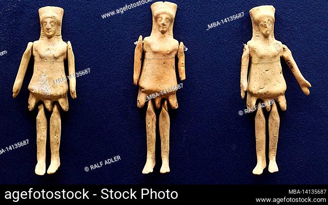 greece, greek islands, ionian islands, lefkada or lefkas, lefkada city, capital, archaeological museum, three terracotta dolls side by side, children's toys