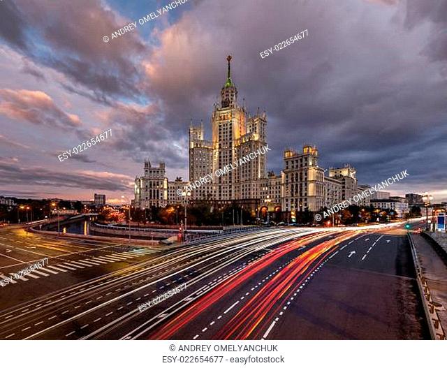 Skyscraper on Kotelnicheskaya Embankment and Traffic Trails at Dusk, Moscow, Russia