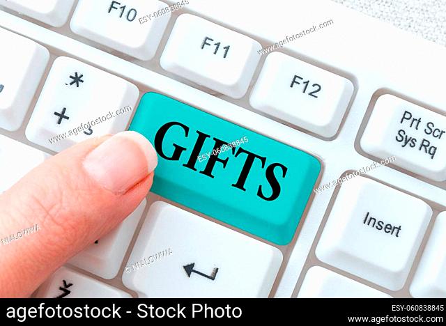 Text caption presenting Gifts, Word for a thing given willingly to someone without payment or a present Abstract Online Registration Process