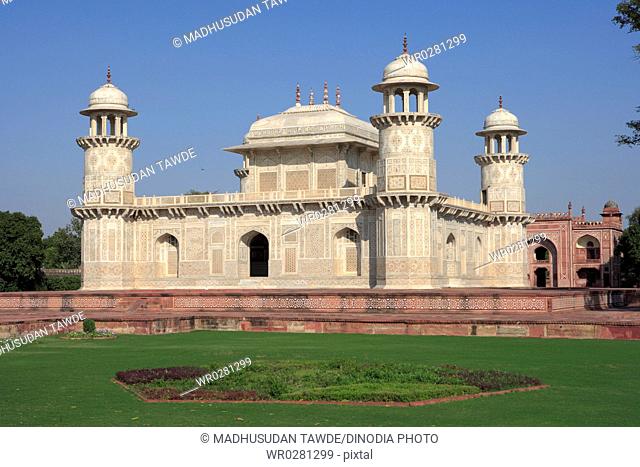 Itimad-ud-Daula tomb mausoleum of white marble built between 1600 and 1700 by Mughal emperor , Agra , Uttar Pradesh , India