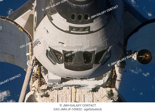 This view of the Space Shuttle Endeavour, including the crew cabin and part of the cargo bay, was provided by an Expedition 20 crewmember during a survey of the...