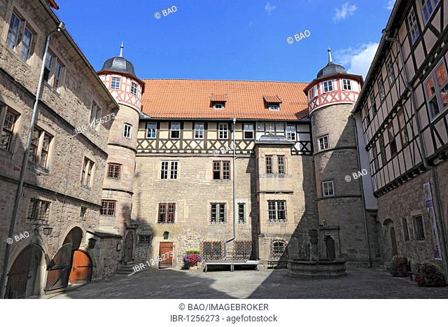 Courtyard of the castle Schloss Bertholdsburg castle at Schleusingen, Hildburghausen district, Thuringia, Germany