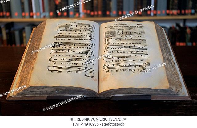 The oldest original preserved hymal from 1545 is on display in the hymnal archive at Johannes Gutenberg University in Mainz, Germany, 09 December 2013