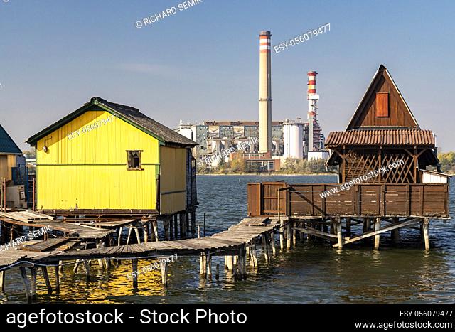 cottages on the piers, Bokodi-to in northern Hungary