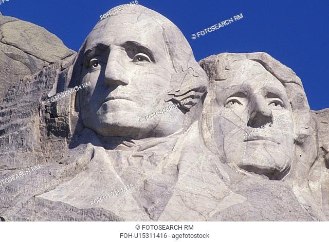 Mount Rushmore National Memorial, SD, South Dakota, Mt. Rushmore, Black Hills, Close-up of George Washington and Thomas Jefferson at the Mount Rushmore Nat'l...