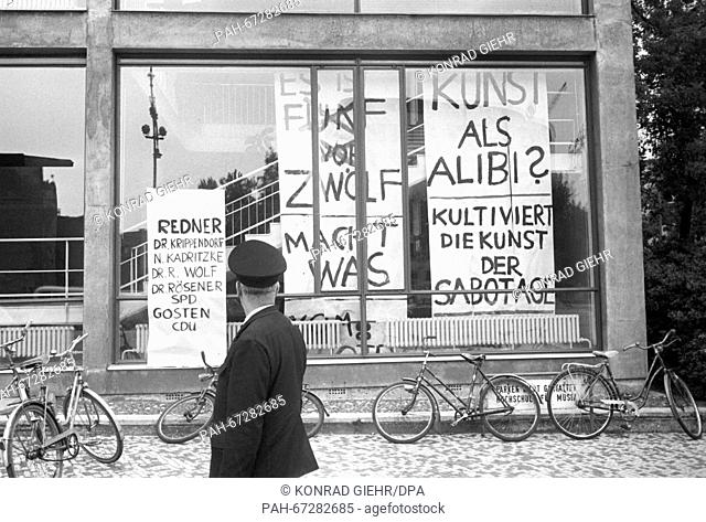 A pedestrian in front of the college of music in Berlin on 27 May 1968. A panel discussion about the Emergency Law took place in the concert hall of the college...